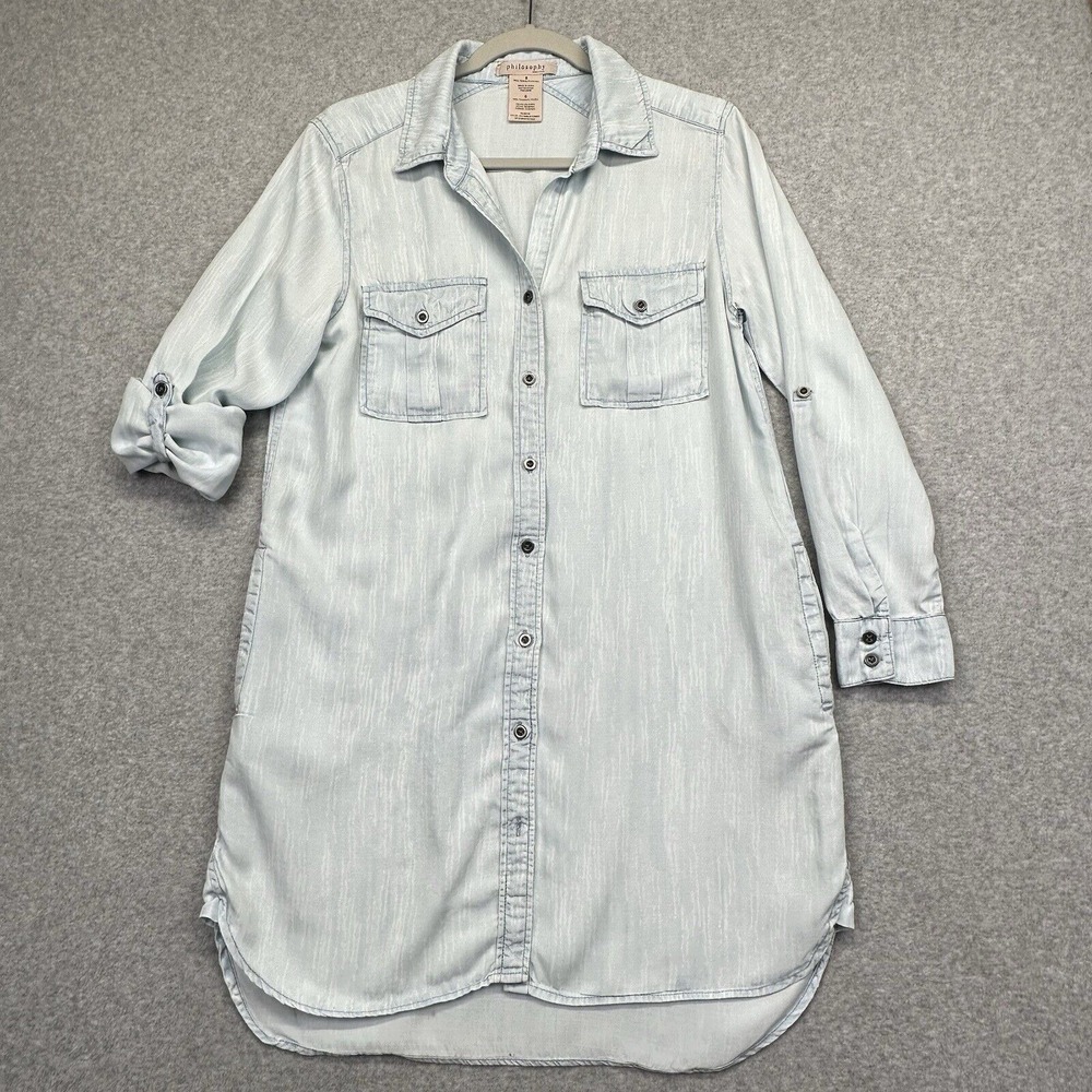 Philosophy Shirt Dress Womens S Tencel Chambray Tunic Roll Tab Long‎ Sleeves